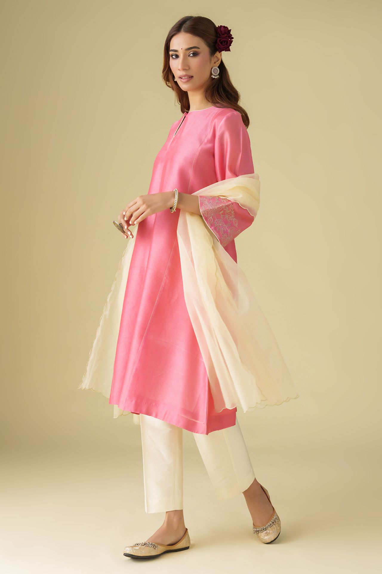 Pink Zari Embrodiery Chanderi Gulzar Kurta With Pant And Dupatta(Set Of 3)