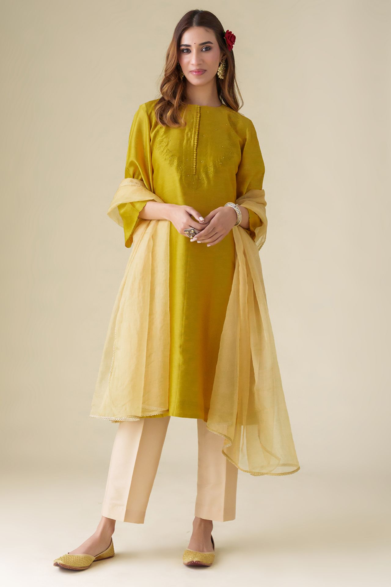 Mustard Floral Embroidery Chanderi Sarang Kurta Set With Pant And Dupattalip(Set Of 3)