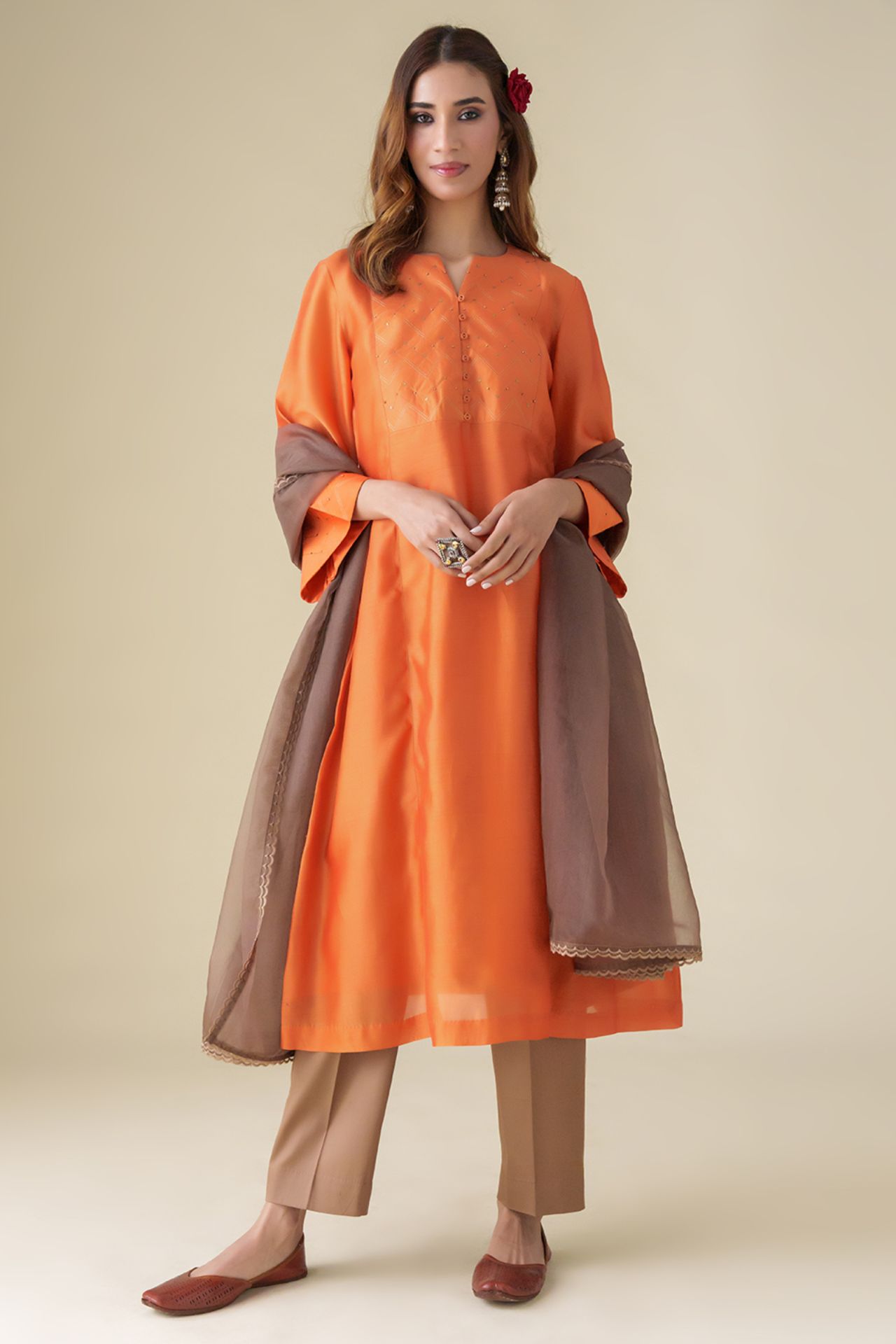 Orange Sandhya Chanderi Kurta With Zari Embroidery(With Slip), Pants And Dupatta(Set Of 4)