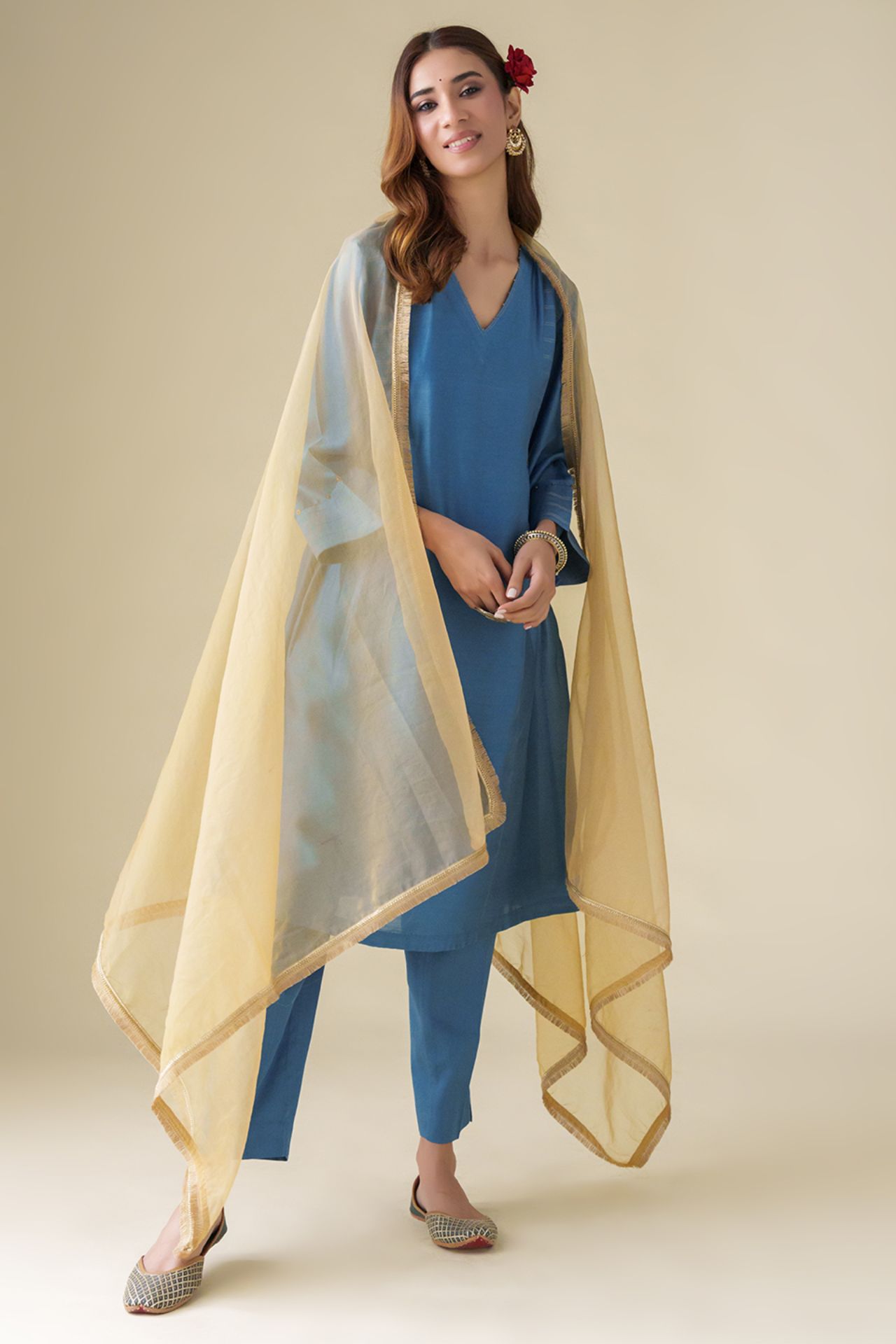Blue Embellished Chanderi Vaayu Kurta(With Slip), Pants And Dupatta(Set Of 4)
