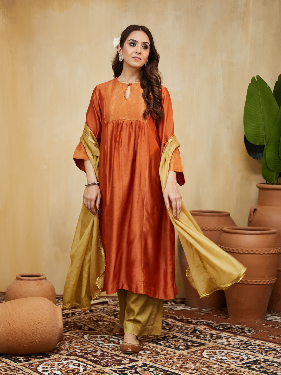 Orange Hand Embellished Chanderi Giana Kurta Set (Set Of 3)