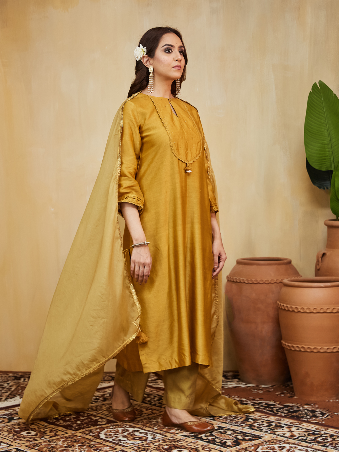 Mustard Hand Embellished Chanderi Nora Kurta With Lace Detail Set (Set Of 3)