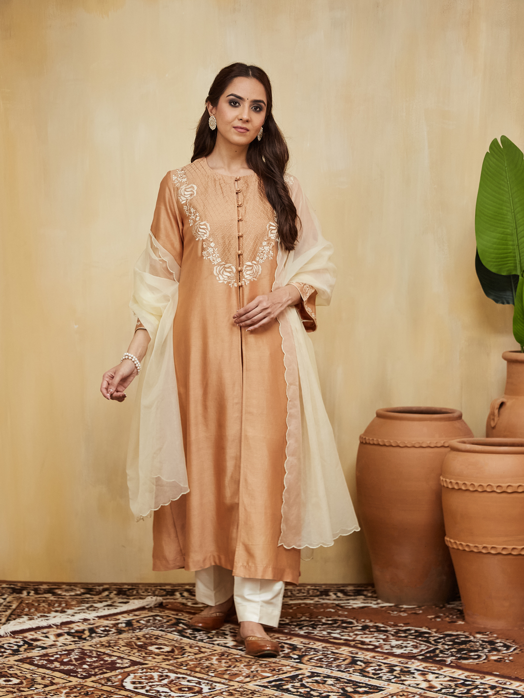 Peach Floral Embroidered Chanderi Amina Jacket Kurta Set (Set Of 4)