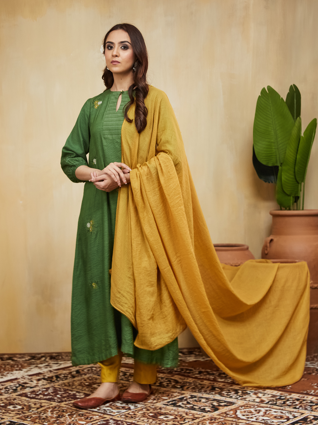 Mustard Kota Dupatta With Lace Edging