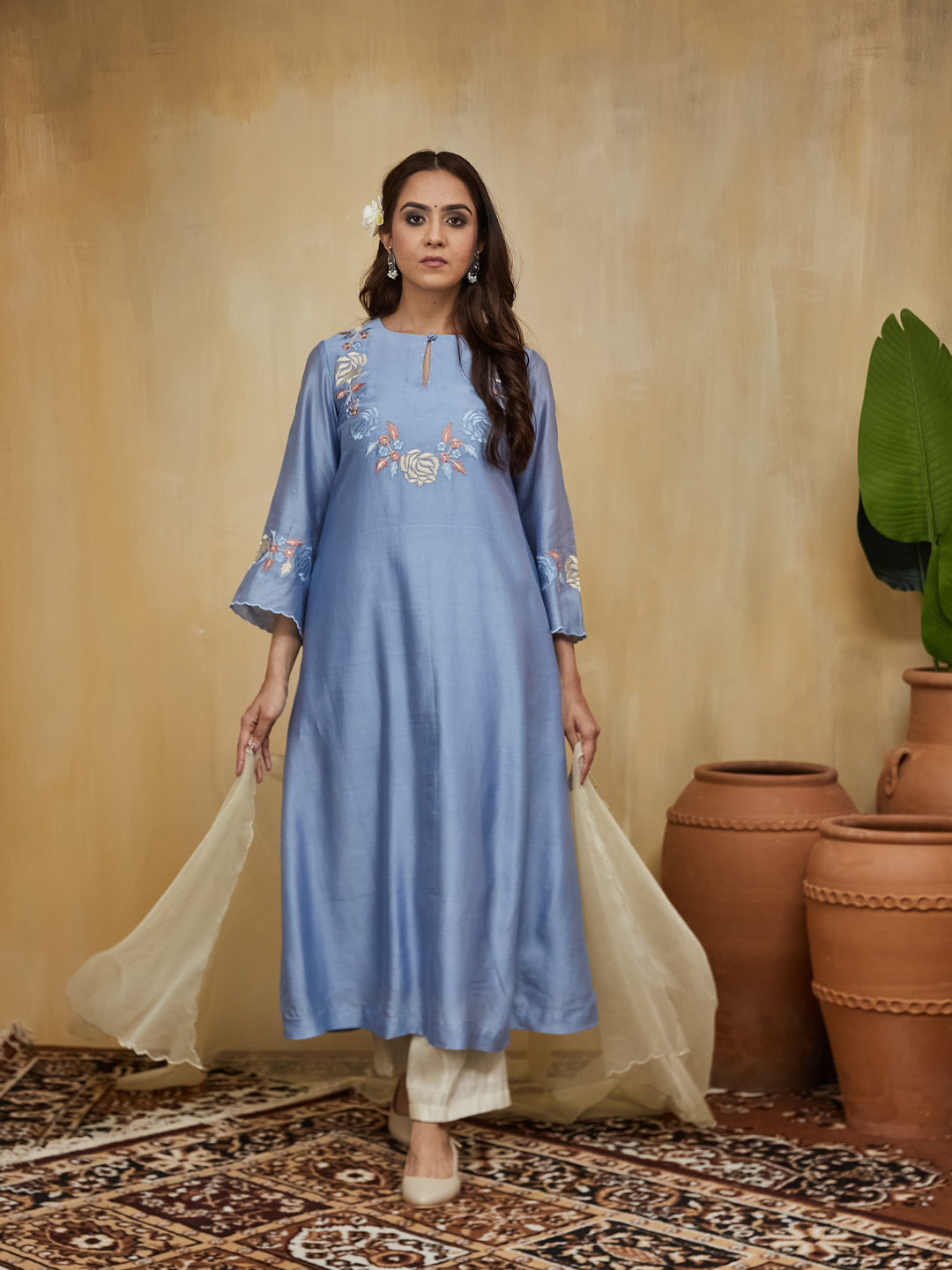 Pastel Blue Floral Embroidered Chanderi Safa Kurta Set (Set Of 3)