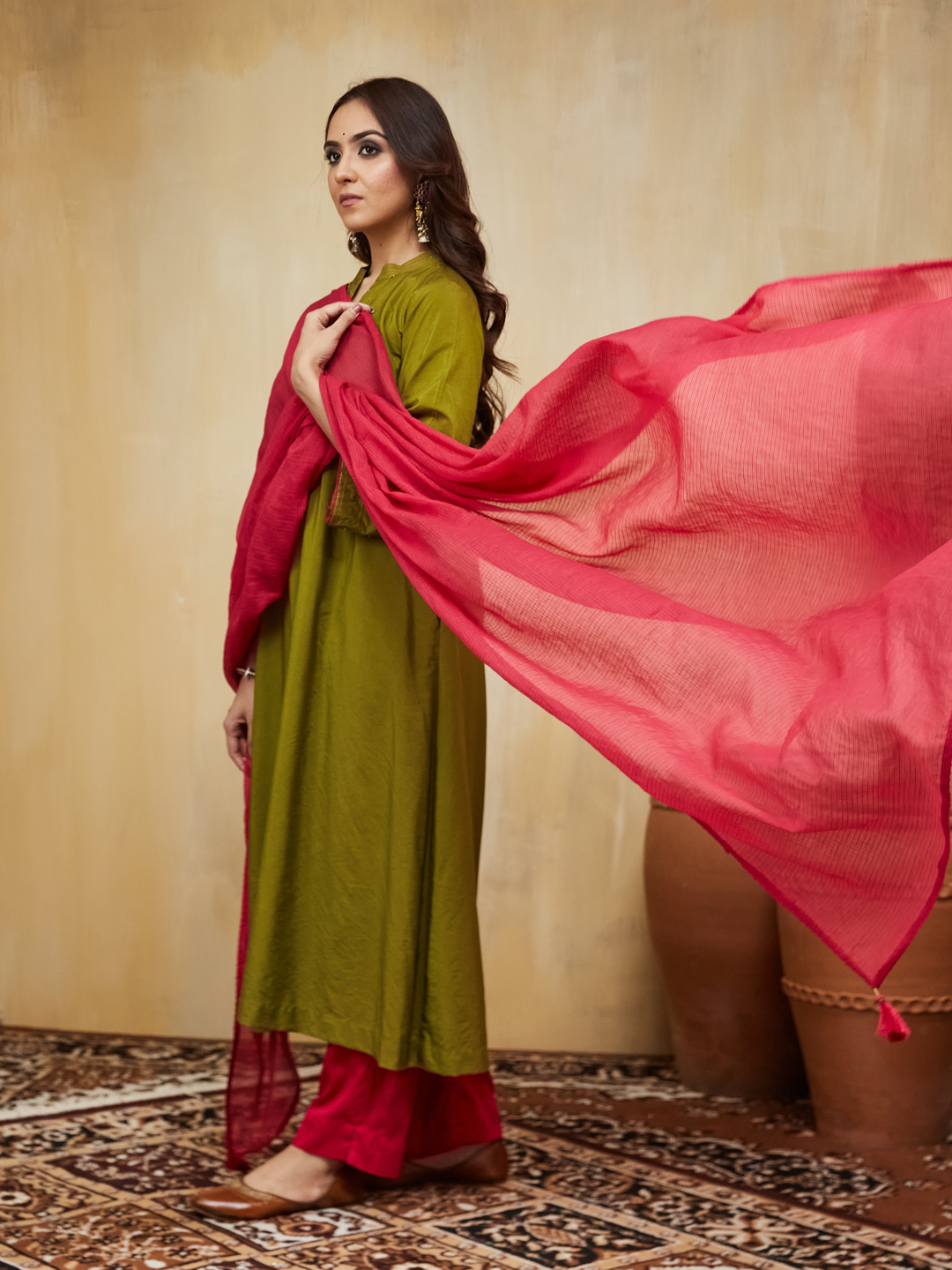 Olive Green Hand Embroidered Cotton Silk Samara Kurta Set (Set Of 3)