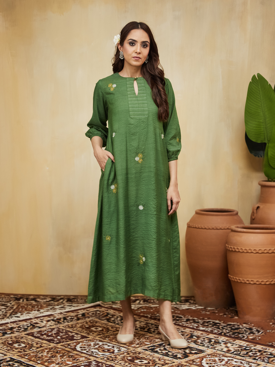 Garden Green Floral Embroidered Gardenia Cotton Dress