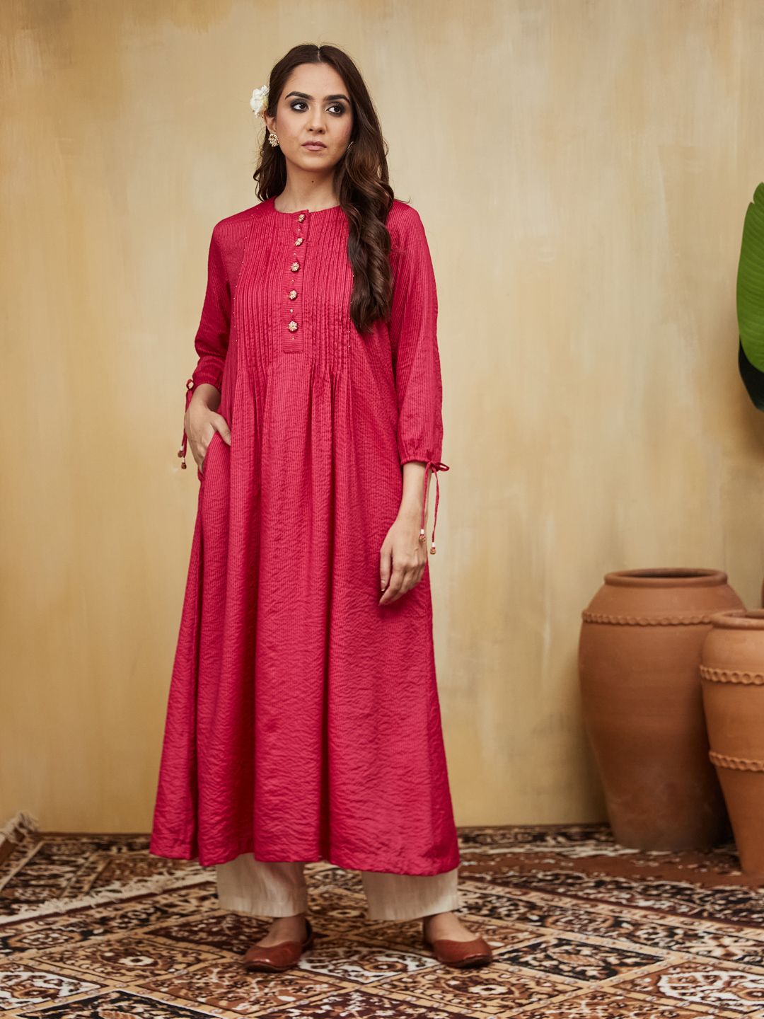 Pink Hand Embellished Cotton Stripe Rashida Kurta