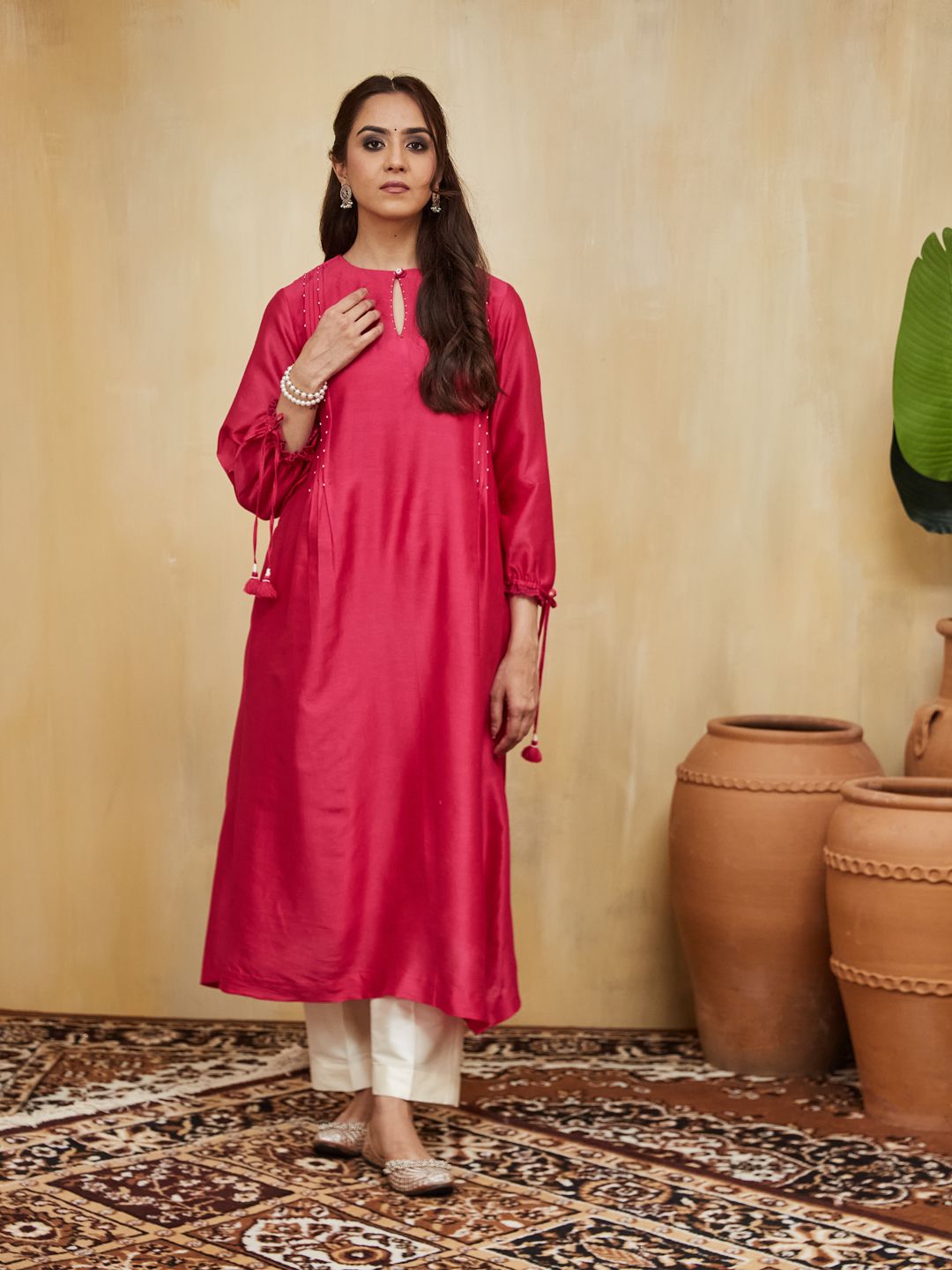 Pink Hand Embellished Chanderi Aisha Kurta