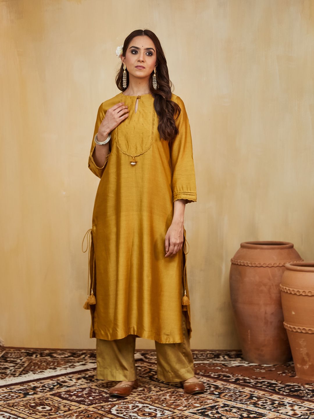 Mustard Hand Embellished Chanderi Nora Kurta With Lace Detail