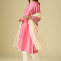 Pink Zari Embrodiery Chanderi Gulzar Kurta With Pant And Dupatta(Set Of 3)