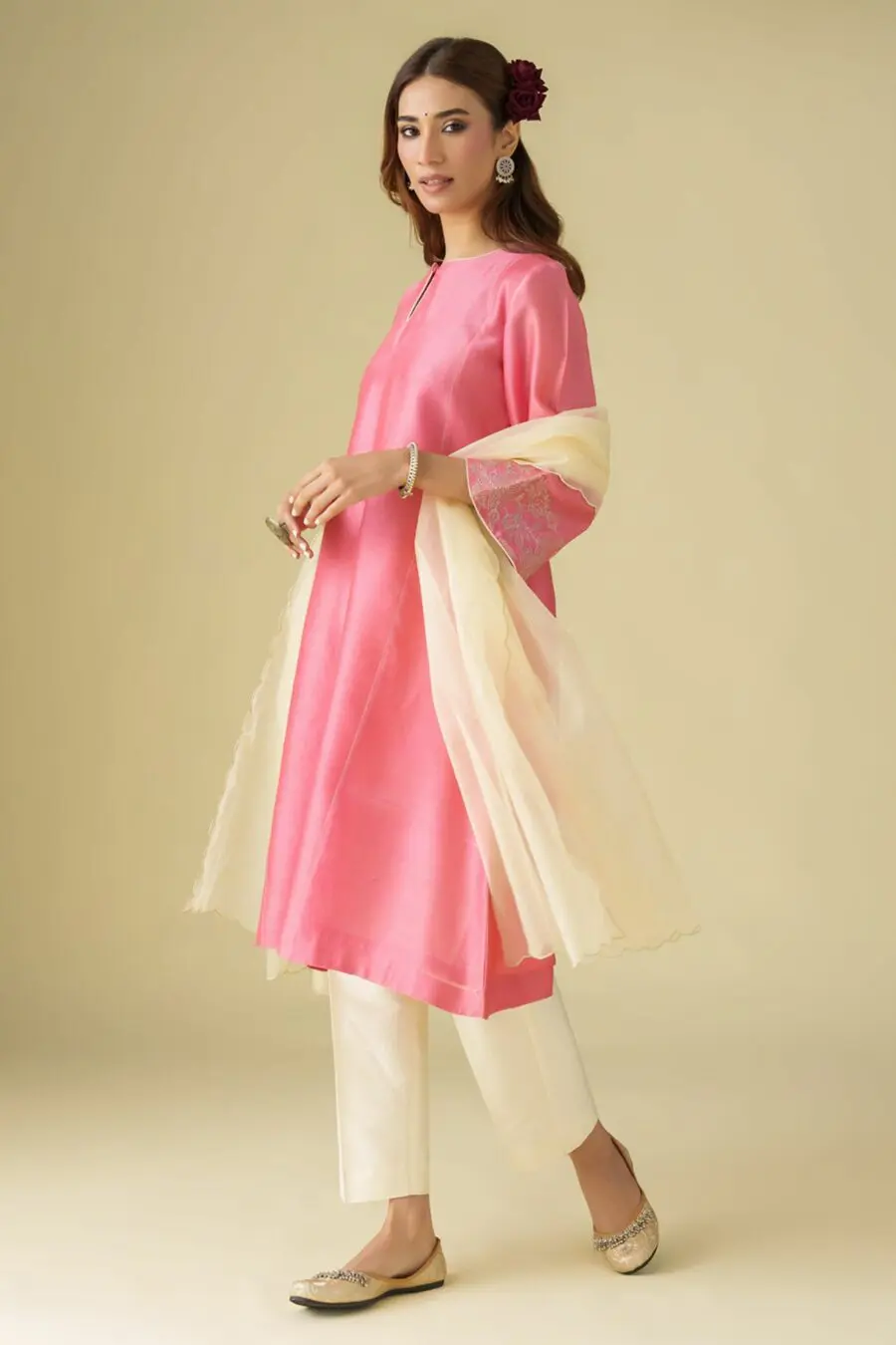 Pink Zari Embrodiery Chanderi Gulzar Kurta With Pant And Dupatta(Set Of 3)