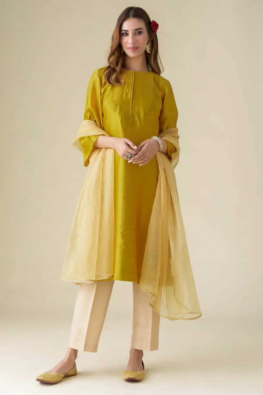 Mustard Floral Embroidery Chanderi Sarang Kurta Set With Pant And Dupattalip(Set Of 3)