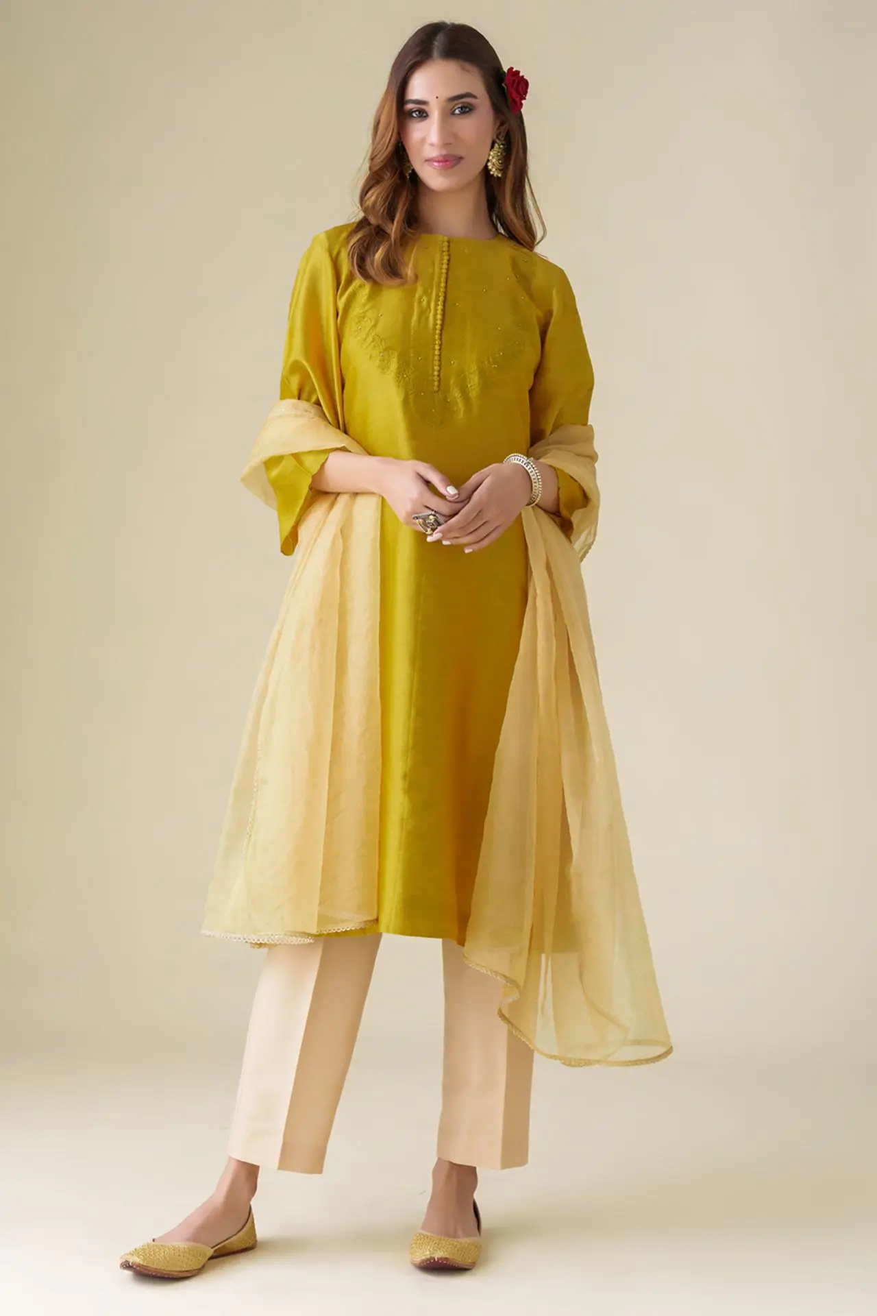 Mustard Floral Embroidery Chanderi Sarang Kurta Set With Pant And Dupattalip(Set Of 3)