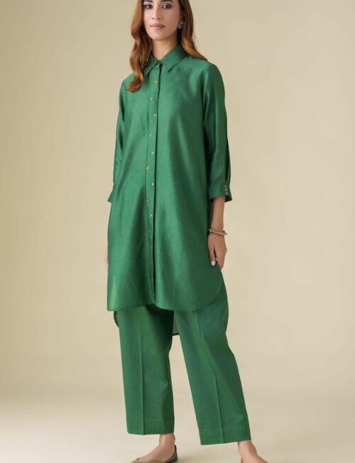 Bottle Green Chanderi Embellished Prisha Tunic With Pants Co-ord(Set Of 2)
