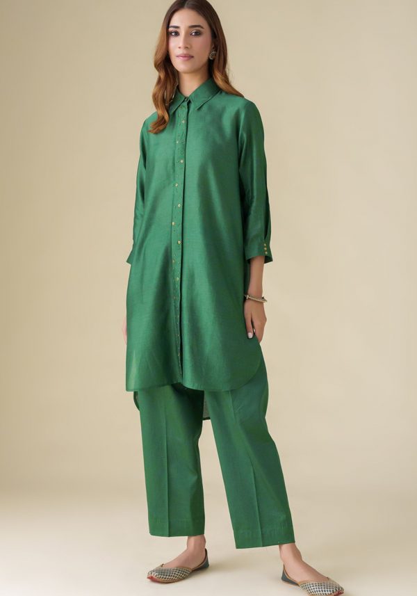 Bottle Green Chanderi Embellished Prisha Tunic With Pants Co-ord(Set Of 2)