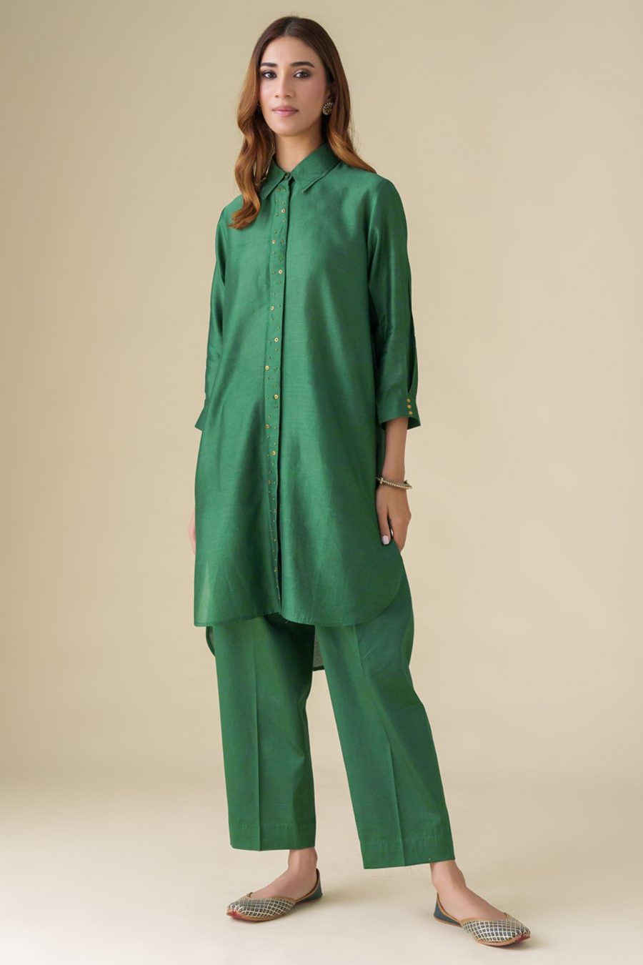 Bottle Green Chanderi Embellished Prisha Tunic With Pants Co-ord(Set Of 2)