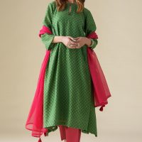 Green Hand Embroidered Chanderi Vrinda Kurta(With Slip) Set With Pant And Dupatta(Set Of 4)