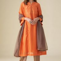 Orange Sandhya Chanderi Kurta With Zari Embroidery(With Slip)