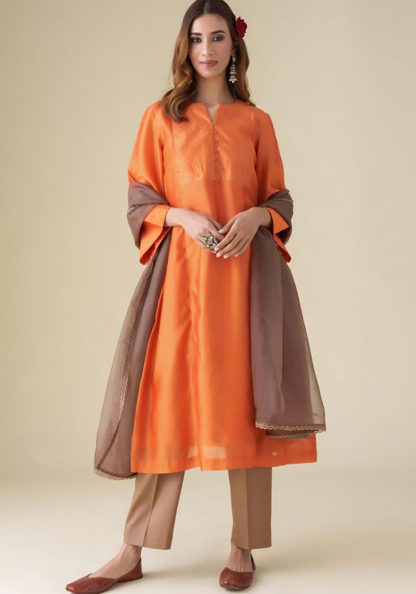 Orange Sandhya Chanderi Kurta With Zari Embroidery(With Slip)