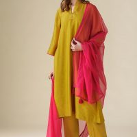 Mustard Cotton Silk Hand Embroidered Shriya Kurta With Pants And Dupatta(Set Of 3)