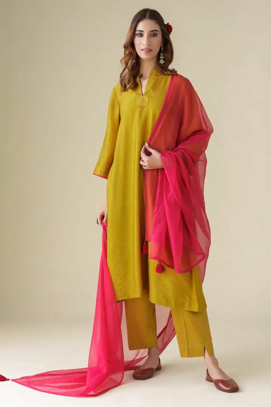 Mustard Cotton Silk Hand Embroidered Shriya Kurta With Pants And Dupatta(Set Of 3)