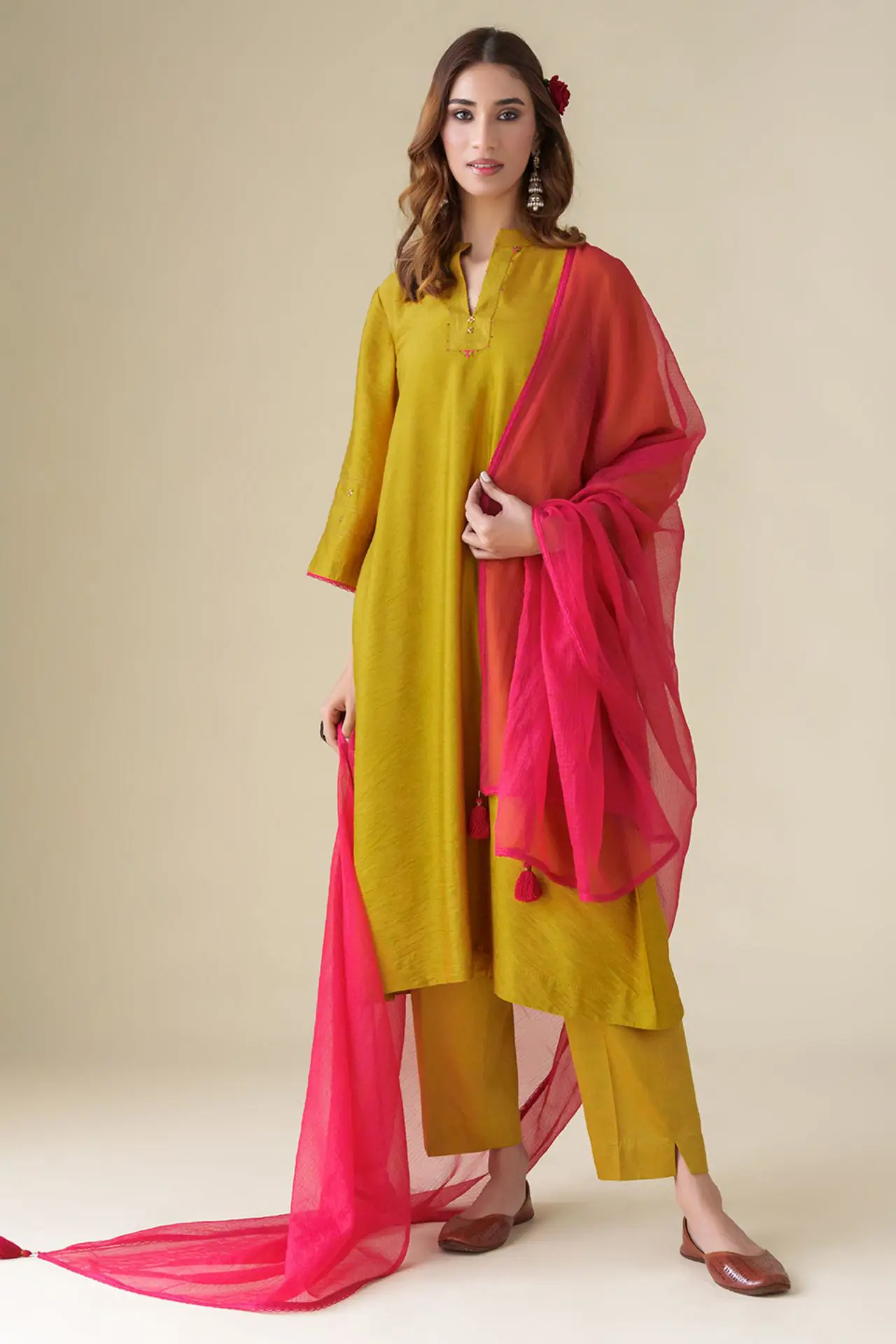 Mustard Cotton Silk Hand Embroidered Shriya Kurta With Pants And Dupatta(Set Of 3)