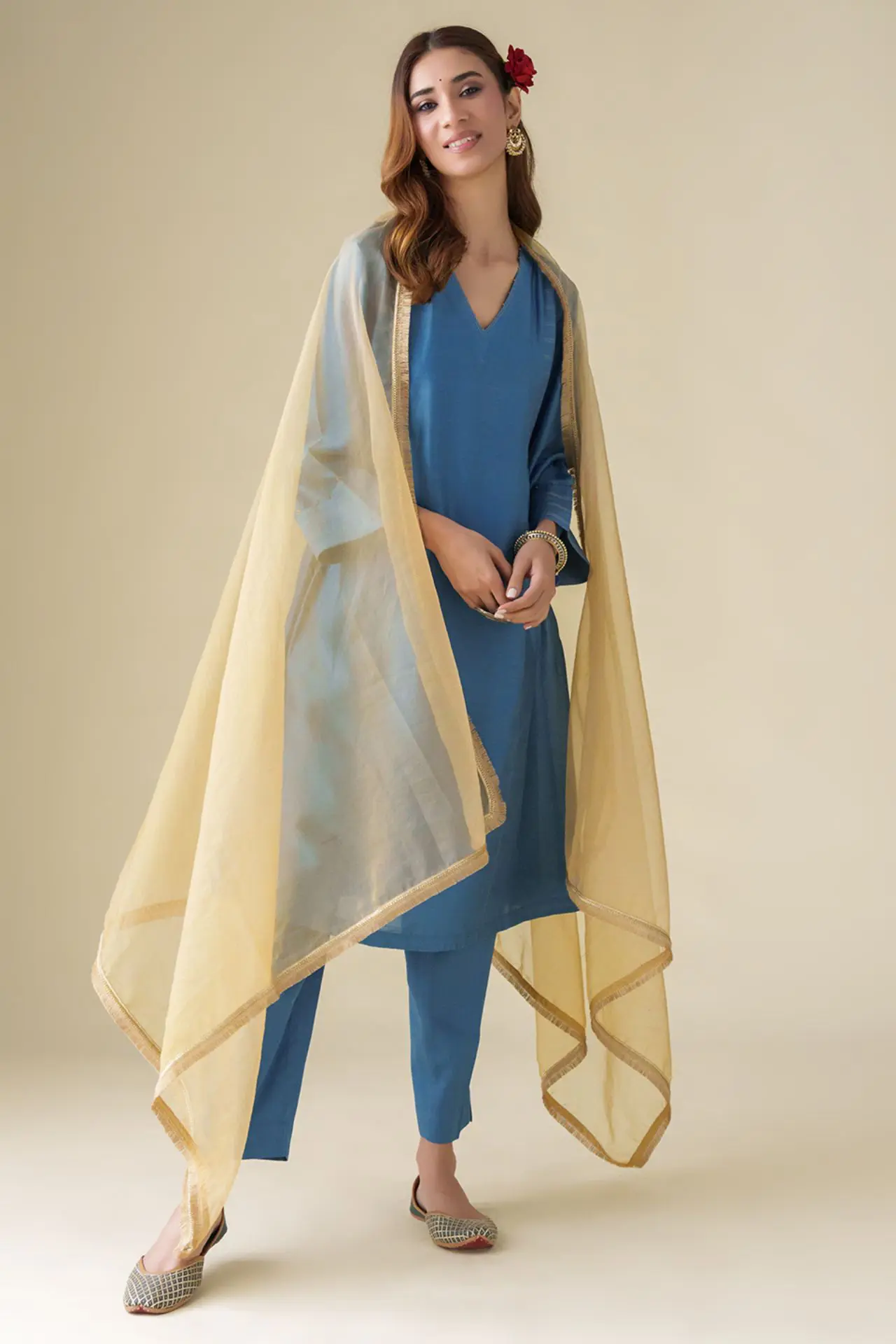 Blue Embellished Chanderi Vaayu Kurta(With Slip), Pants And Dupatta(Set Of 4)