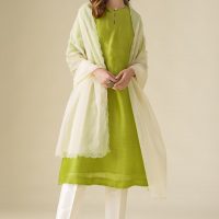 Lime Green Flowy Chanderi Paavni Kurta With Pants And Dupatta(Set Of 3)