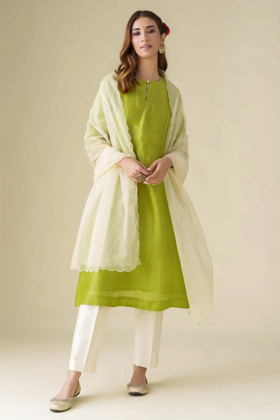 Lime Green Flowy Chanderi Paavni Kurta With Pants And Dupatta(Set Of 3)