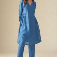 Blue Embellished Chanderi Vaayu Kurta(With Slip) With Pants Co-ord
