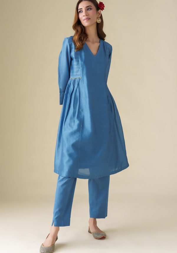 Blue Embellished Chanderi Vaayu Kurta(With Slip) With Pants Co-ord