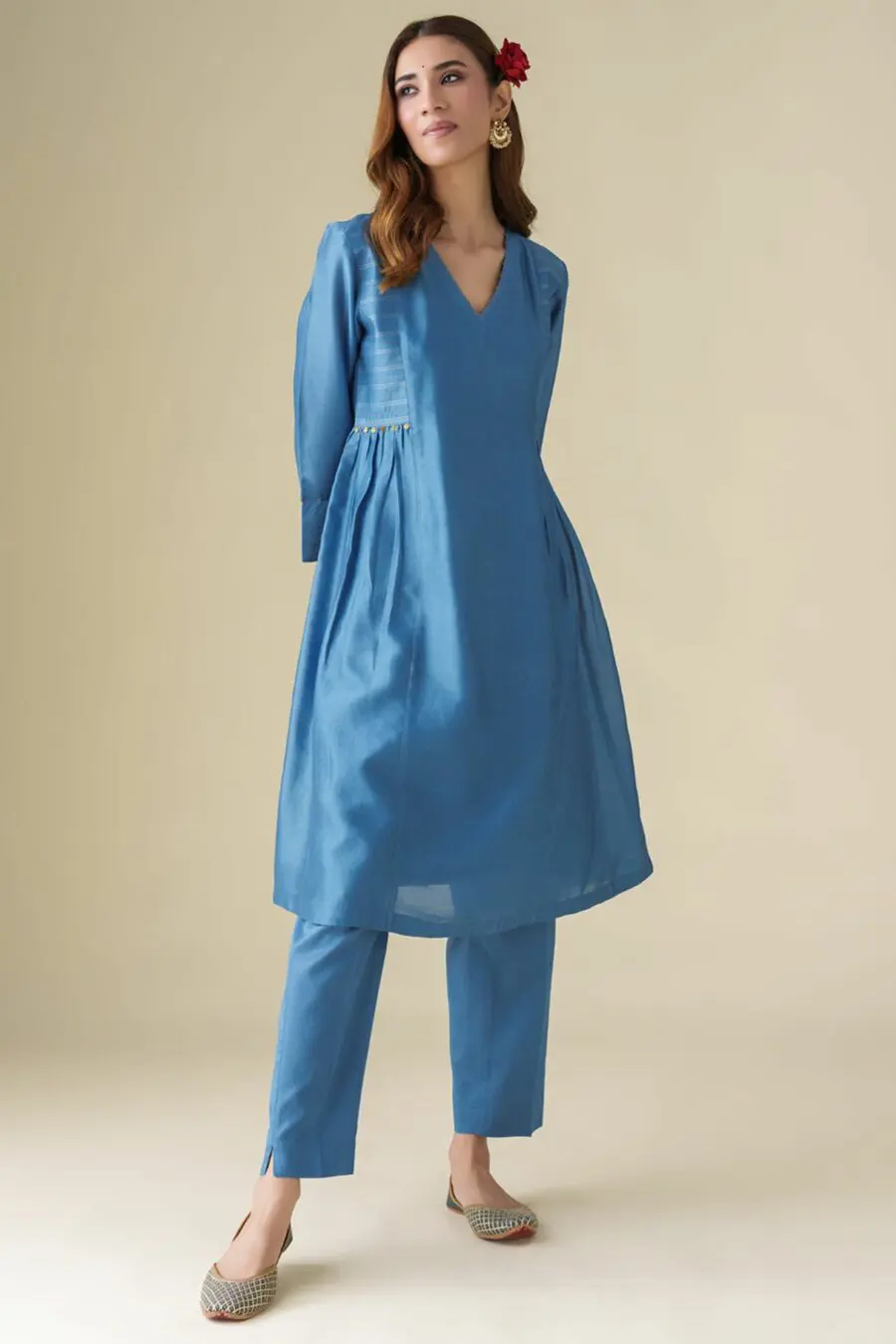 Blue Embellished Chanderi Vaayu Kurta(With Slip) With Pants Co-ord