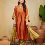 Orange Hand Embellished Chanderi Giana Kurta Set (Set Of 3)