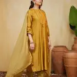 Mustard Hand Embellished Chanderi Nora Kurta With Lace Detail Set (Set Of 3)