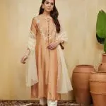 Peach Floral Embroidered Chanderi Amina Jacket Kurta Set (Set Of 4)