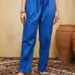 Cotton Silk Blue Pants Featuring An Elasticated Drawstring Waist