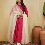 Pink Hand Embellished Cotton Stripe Rashida Kurta Set (Set Of 3)