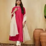 Pink Hand Embellished Chanderi Aisha Kurta Set (Set Of 3)
