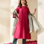 Magenta Floral Embroidered Chanderi Rashika Kurta Set (Set of 3)