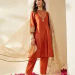 Orange Embroidered Chanderi Svara Kurta Set (Set of 3)