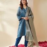 Blue Zari Stripe Embellished Pranita Kurta Set (Set of 3)