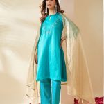 Turquoise Embroidered Organza Ruksaar Kurta Set (Set of 3)