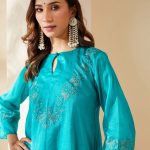 Turquoise Embroidered Organza Ruksaar Kurta