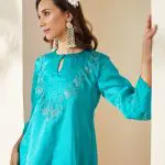 Turquoise Embroidered Organza Ruksaar Coord Set (Set of 2)