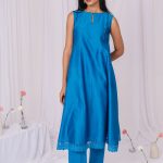 Blue Sleeveless Floral Lace Chanderi Kurta