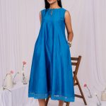 Blue Sleeveless Floral Lace Chanderi Dress