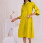 Lemon Green Linen Hand Embroidered Dress