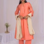 Peach Pintucks Floral Lace Chanderi Kurta Set (Set of 3)
