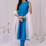 Blue Sleeveless Floral Lace Chanderi Kurta Set (Set of 3)